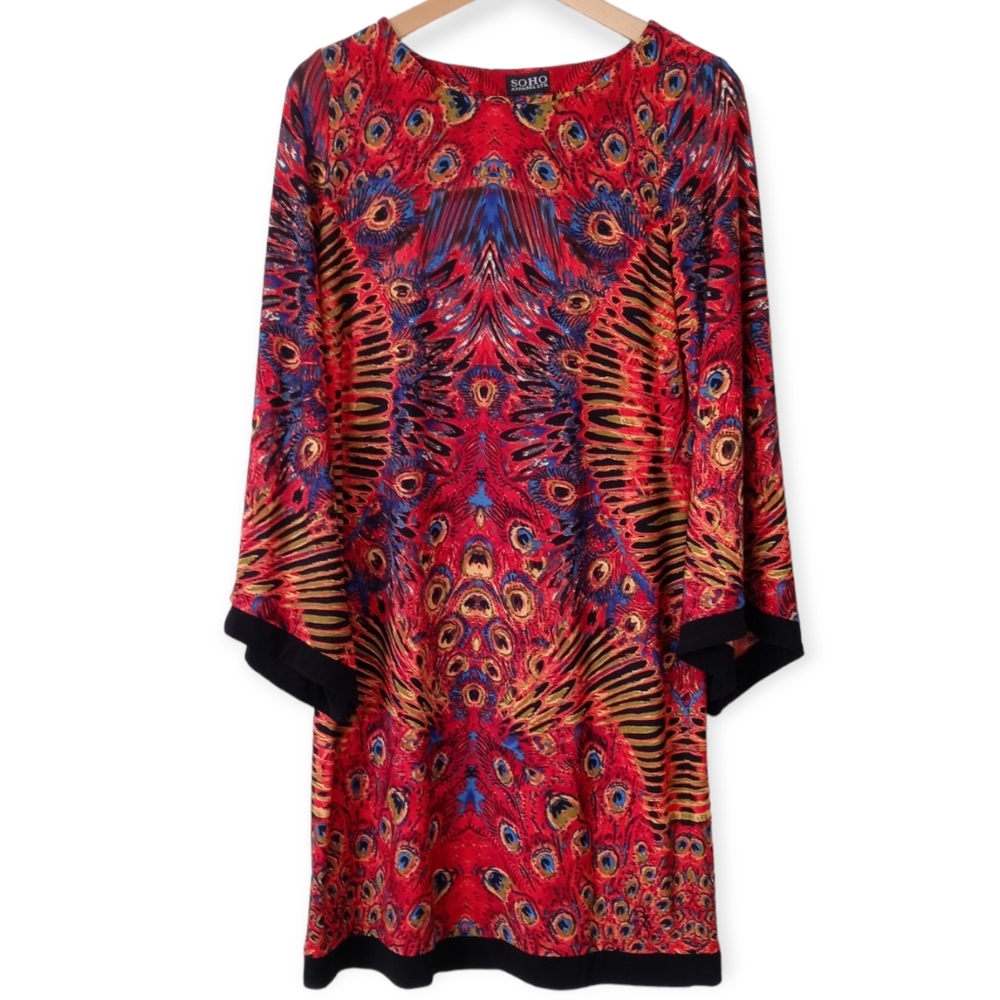 SOHO WOMEN'S APPAREL PEACOCK DRESS WITH BELL SLEEVE. SIZE M. COLOR RED, BLUE.